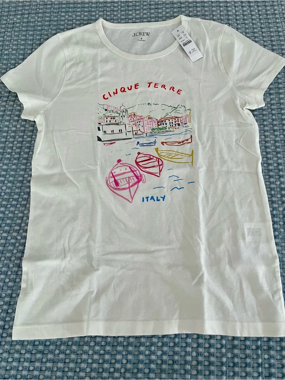 J. Crew Cinque Terre Italy Graphic Tee Size S Cream Multi Cotton Fitted NWT